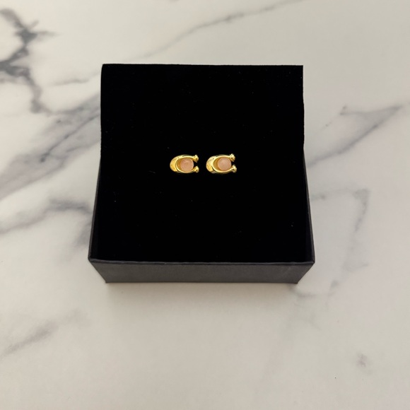 Coach Rose Quartz Signature C Gold Plated Stud Earrings - Picture 2 of 2